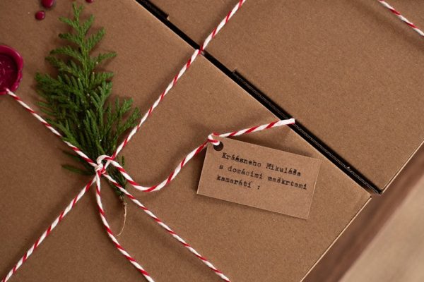 Rustic gift box tied with twine, adorned with a fir sprig and wax seal, perfect for holiday gifting.